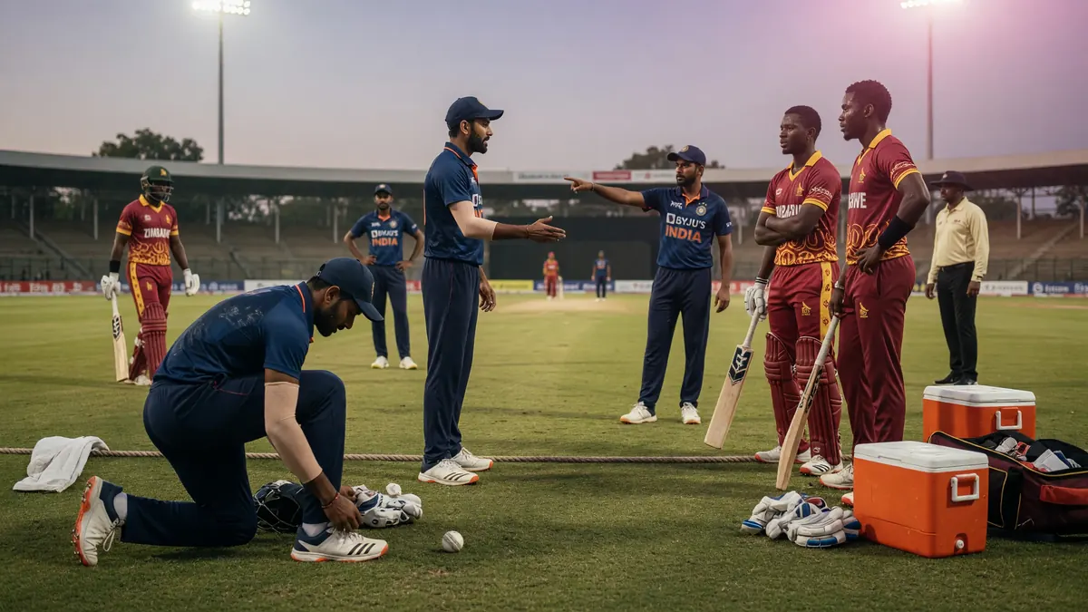 Medium editorial view of fielders and bowler setting a tactical ring on a green outfield during a T20 international in bright stadium light