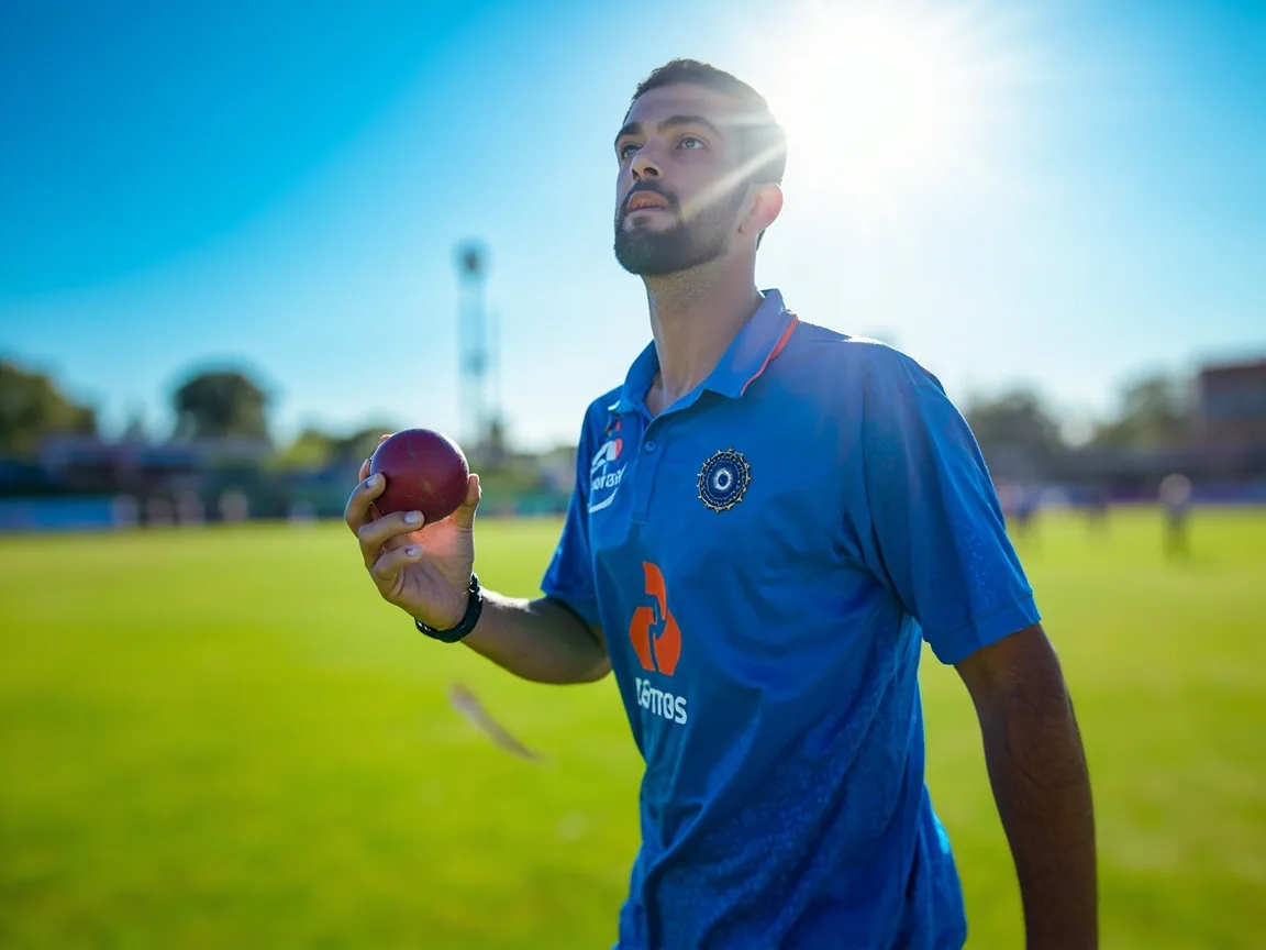 Editorial photo of a senior India pace bowler walking off the field under bright afternoon sun after a successful spell, GetMega workload-protected captain pick