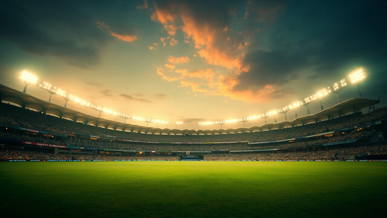 Editorial photo of an India cricket stadium at golden hour with floodlights, illustrating the BCCI 2026 marquee weekend-only slot change