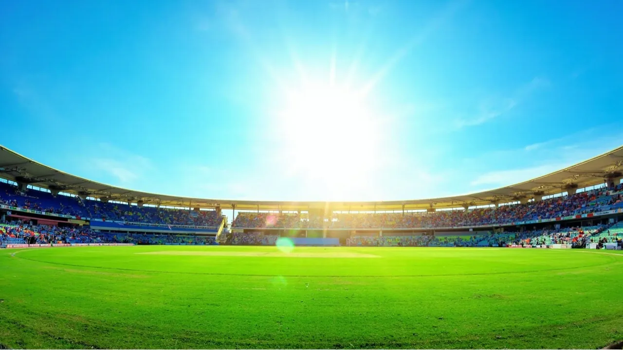 Editorial photo of an India cricket stadium under bright afternoon sun with the IPL 2026 fixture wall, illustrating the GetMega weekly captaincy planner