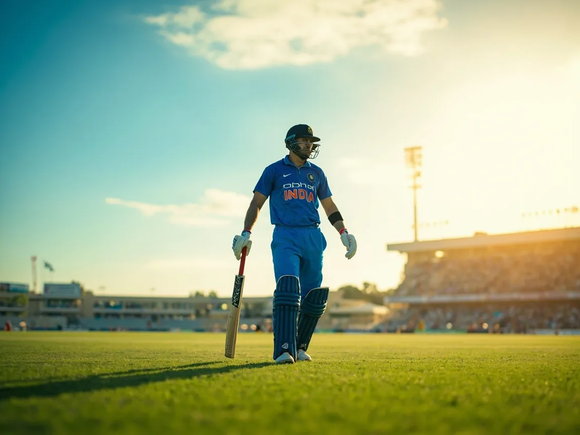 Editorial photo of an India top-order batsman walking toward the pitch under bright sun, GetMega captain selection