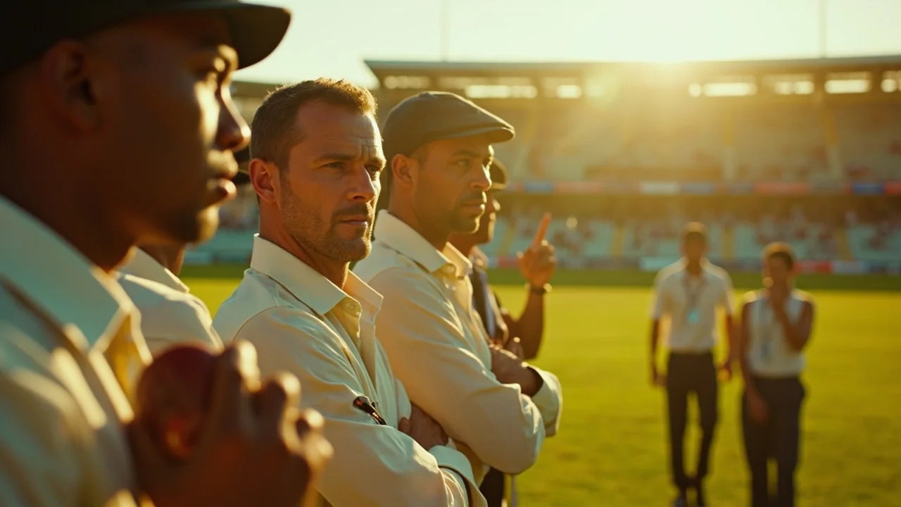 Editorial photograph of players and officials in a tactical pre-match discussion at an IPL match, illustrating the operational complexity behind staging the 2009 season in South Africa