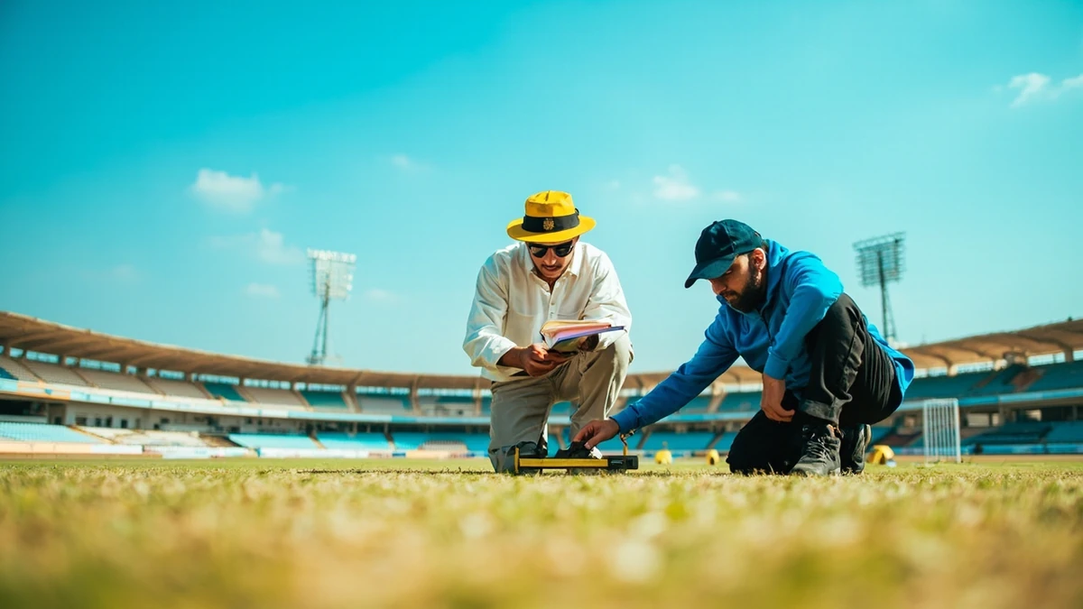 Cricket pitch inspection under bright daylight for a GetMega prediction audit