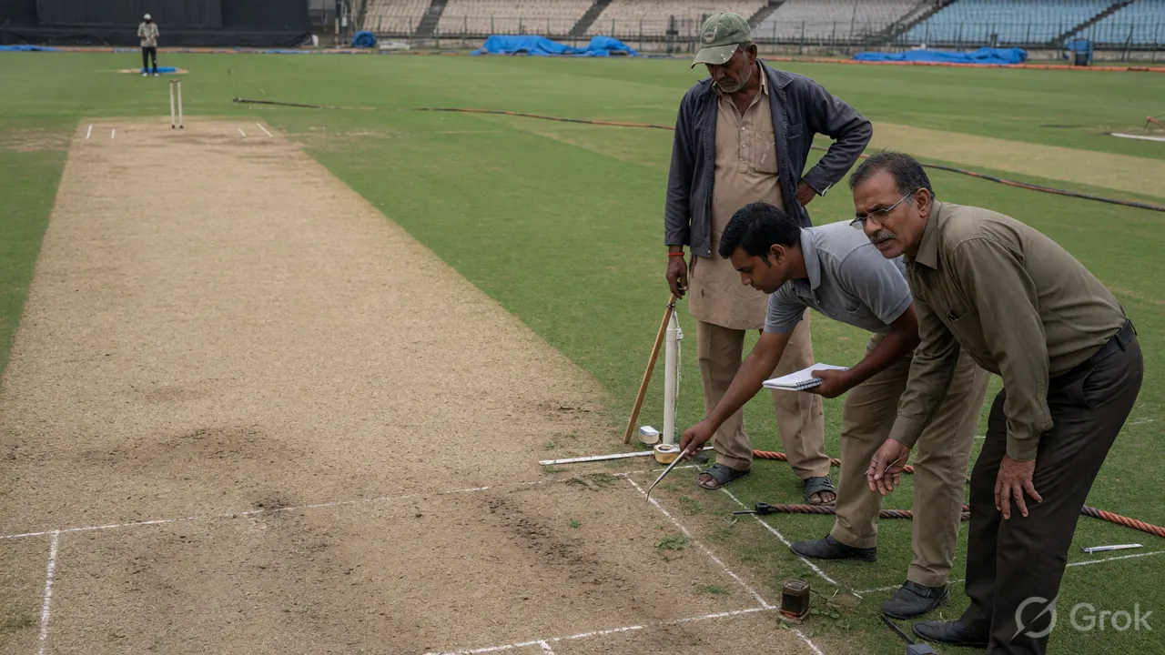 Ground staff and cricket analysts inspecting a brown pitch before a match